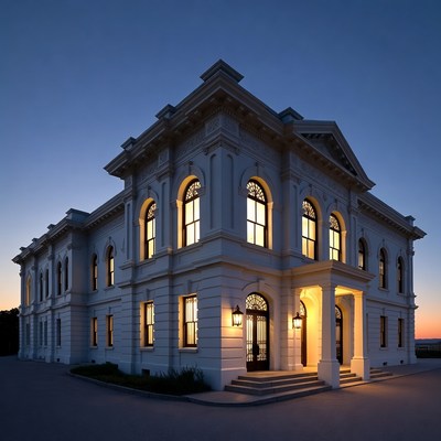Lit Victorian Mansion at Dusk