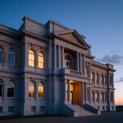 Classical Building at Twilight with Lit Windows