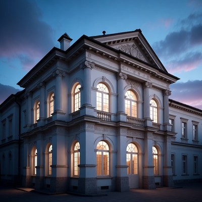 Lit neoclassical mansion at dusk