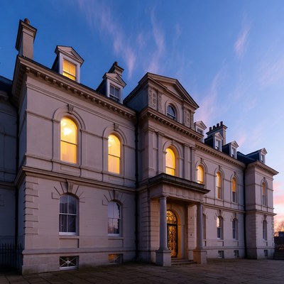 Lit Georgian Mansion at Twilight