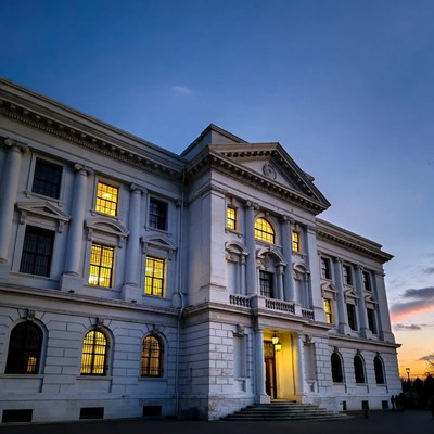 White classical building at sunset