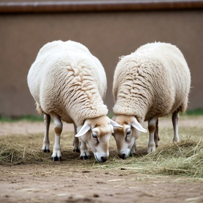 Two white sheep eating grass