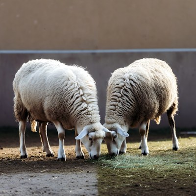 Two white sheep eating hay