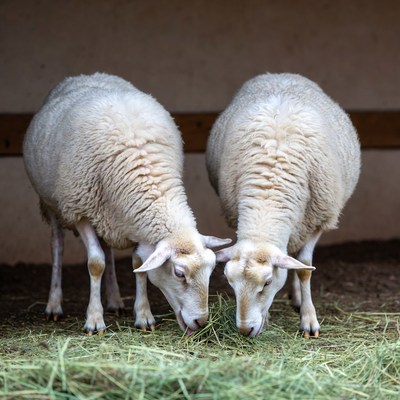 Two white sheep eating hay