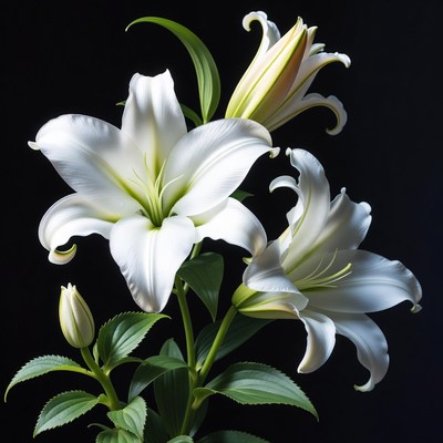 White Lilies on Black Background