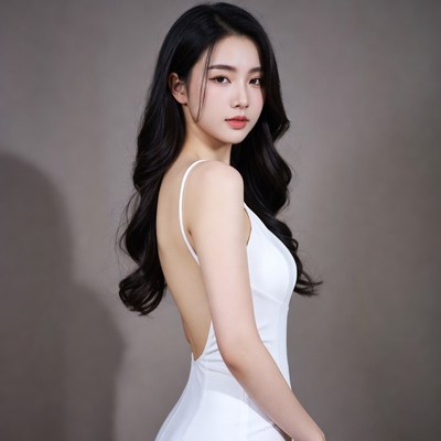 Asian woman in white backless dress