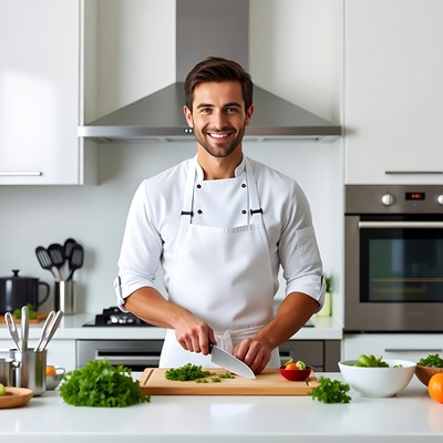 Chef chopping vegetables in kitchen