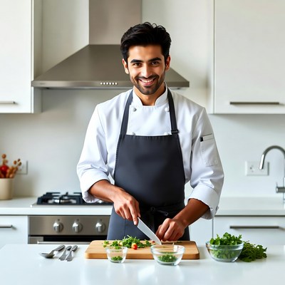 Chef chopping herbs in kitchen