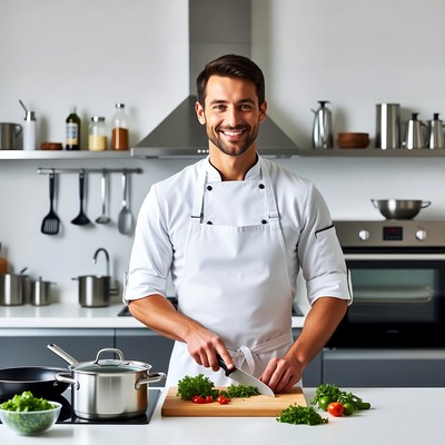 Chef chopping vegetables in kitchen