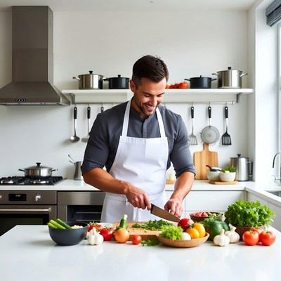 Man chopping vegetables in kitchen