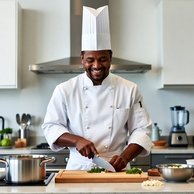 African-American chef chopping vegetables