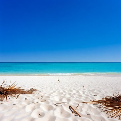 White Sandy Beach with Palm Fronds