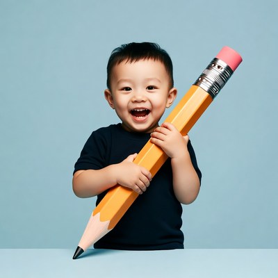 Asian boy holding giant pencil