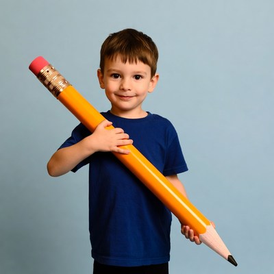 Boy holding giant pencil
