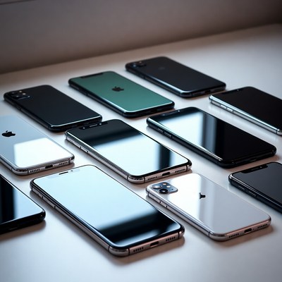 Assortment of iPhones on white table