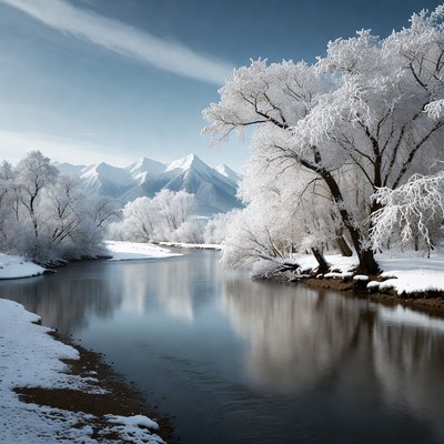 Snowy River with Frosted Trees and Mountains