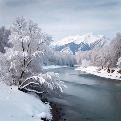 Winter River with Snowy Mountains