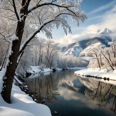 Snowy River with Frosted Trees and Mountains