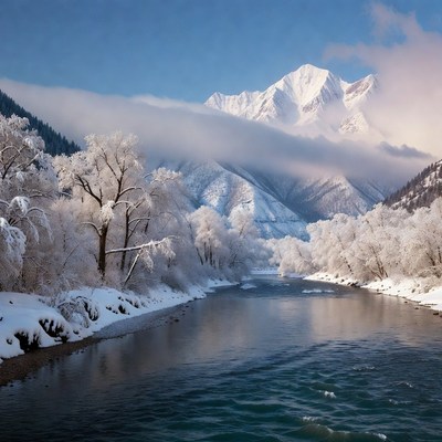 Snowy River Amid Frosted Trees and Mountains