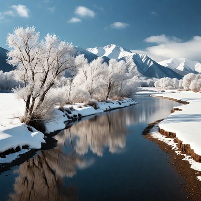 Snowy River with Frosted Trees and Mountains