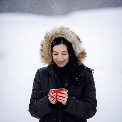 Woman sipping red mug in snow