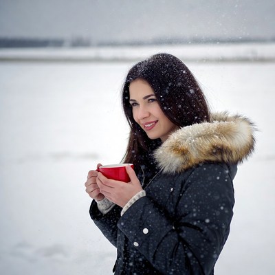 Woman holding red mug in snowy landscape