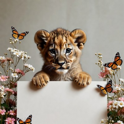 Lion cub holding blank sign