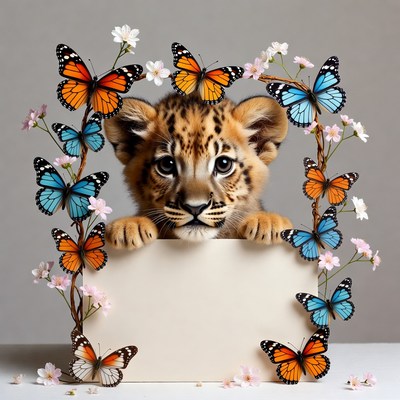 Lion cub peeking over blank sign with butterflies