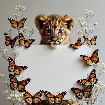 Lion cub holding blank sign