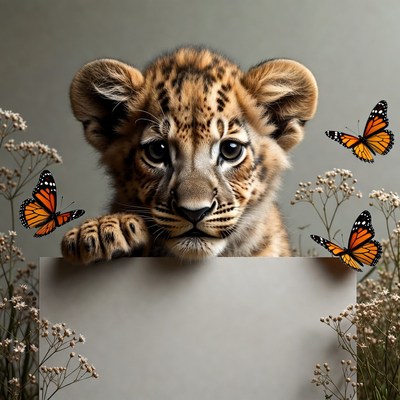 Baby Leopard Holding Blank Sign