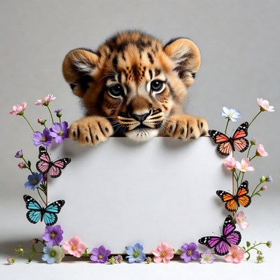 Baby Lion Holding Blank Sign with Flowers