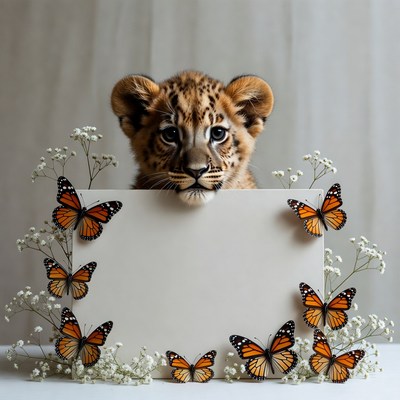 Lion cub holding blank sign