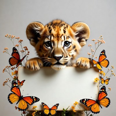 Lion cub holding blank sign