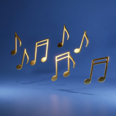 Golden musical notes floating on blue