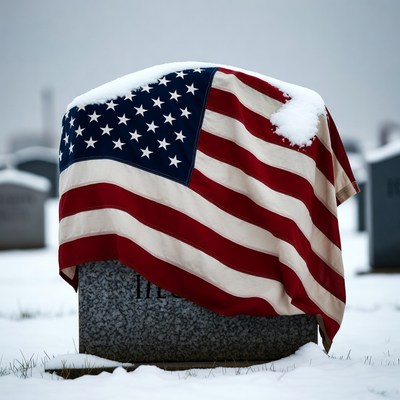 Snowy American Flag on Gravestone