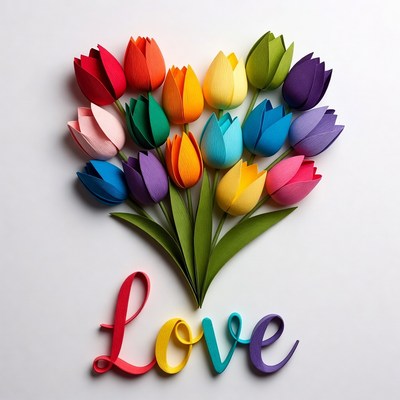 Rainbow Paper Tulips Heart with Love