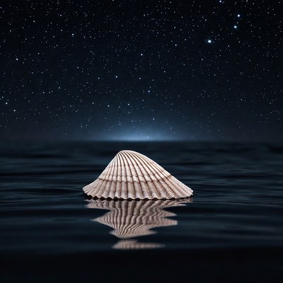 Seashell on water under starry night sky