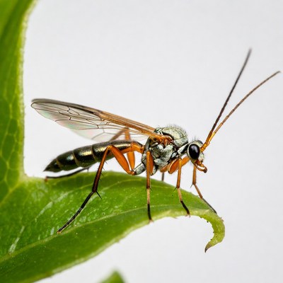 Orange Ichneumon Wasp on Green Leaf
