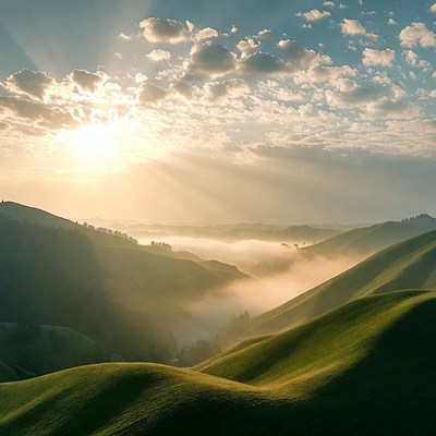 Rolling Green Hills at Sunrise with Fog