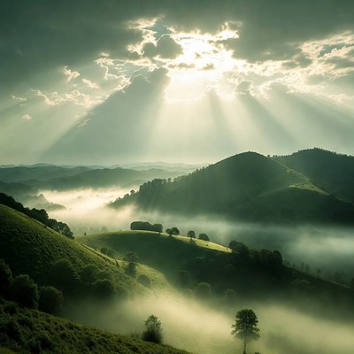 Misty Green Hills with Sun Rays