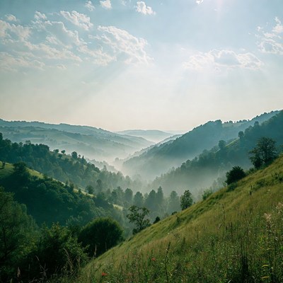 Misty Green Mountain Valley Landscape