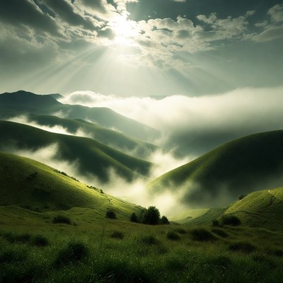 Sunlit Green Mountains in Misty Valley