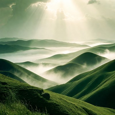 Green Misty Mountains with Sun Rays