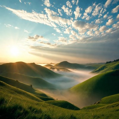 Rolling Green Hills at Sunrise with Fog