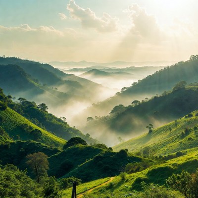Misty Green Mountains at Sunrise