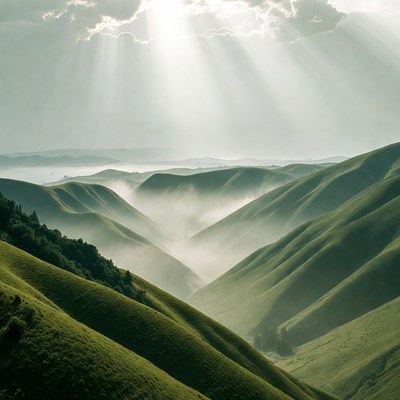 Green Hills with Sun Rays and Mist