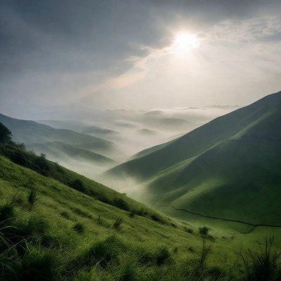 Green Misty Mountains with Sun Rays