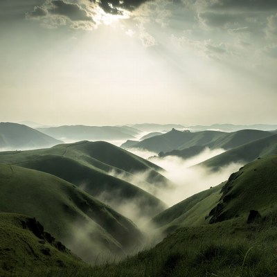 Green Hills with Fog and Sun Rays