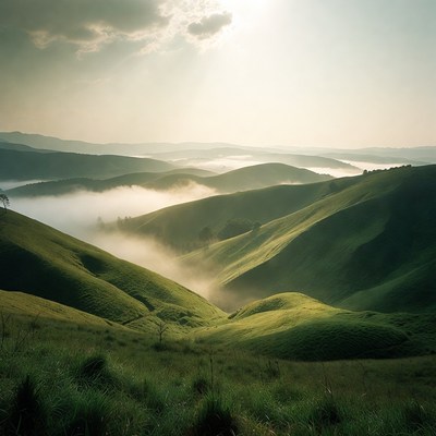 Green Hills with Fog and Sunlight