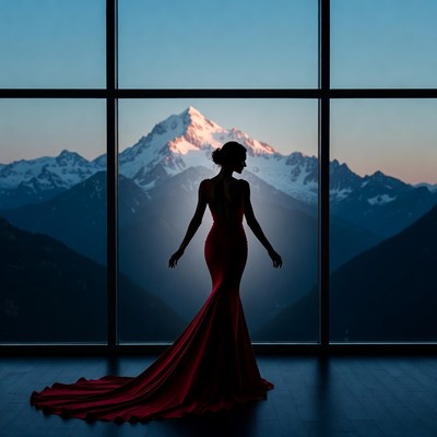 Silhouette woman in red gown viewing mountains